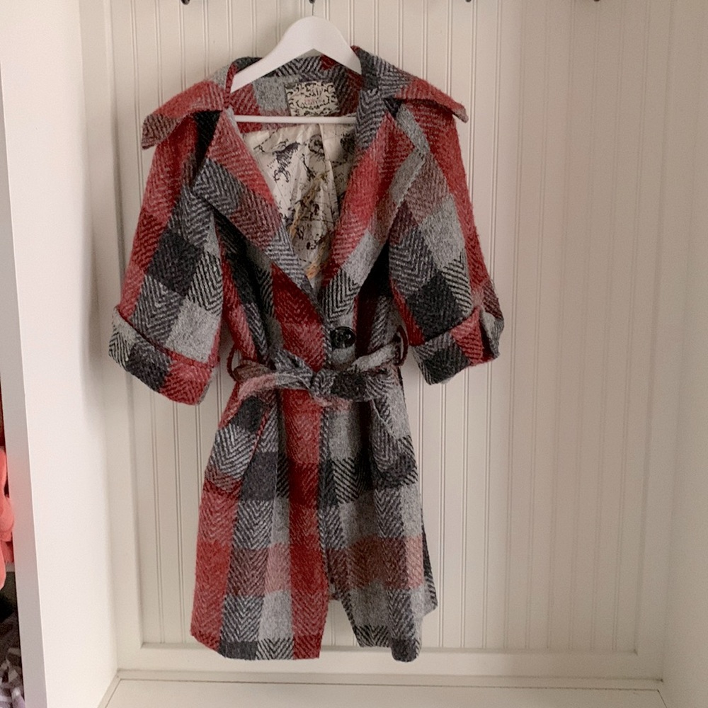 Pink Martini Belted Plaid Long Coat